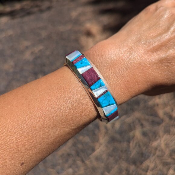 Native American Multi‎ Stones Cuff Bracelet Sterling Silver Signed Sz 6.5 in. ** - Picture 5 of 12